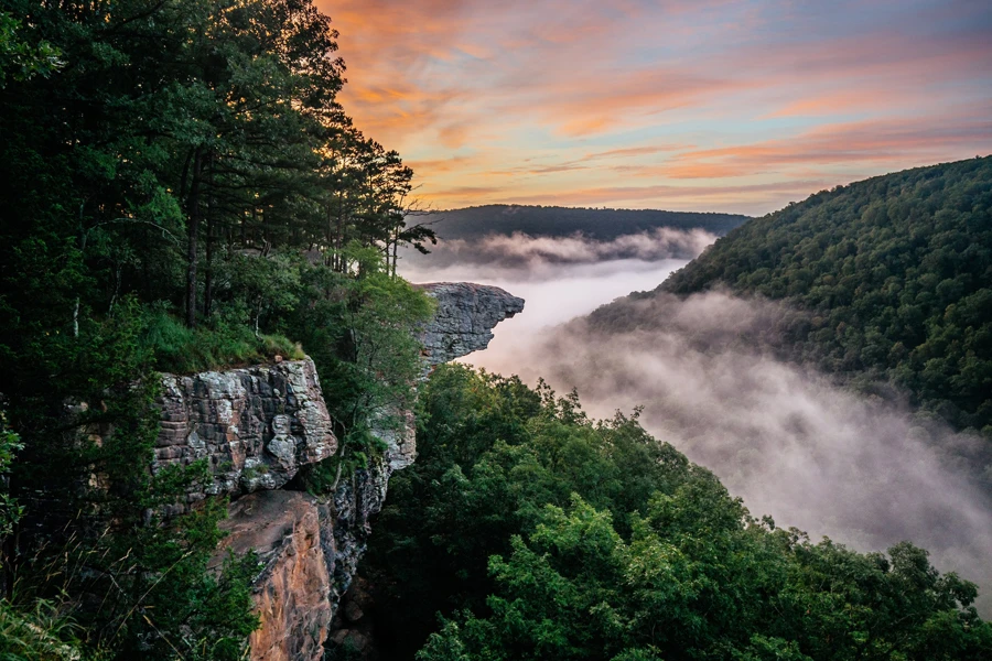 Ozark mountain overlook with river fog